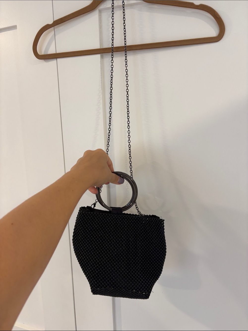Black Beaded Evening Bag with Metal Ring Handle